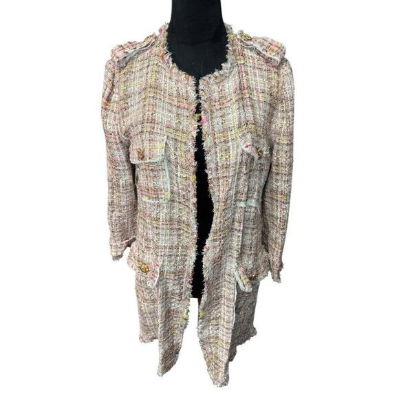 A374 ZARA WOMAN FANTASY TWEED PINK LONG GOLD BUTTONS COAT BLAZER JACKET Large - Picture 5 of 15